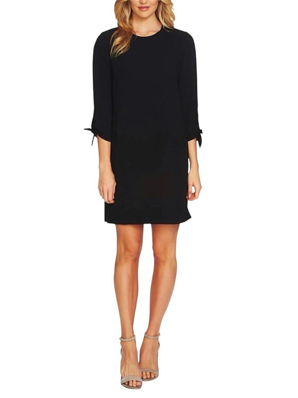 Cece Black Shift Crepe Dress Round Neck 3/4 Tie Sleeve - Size 6